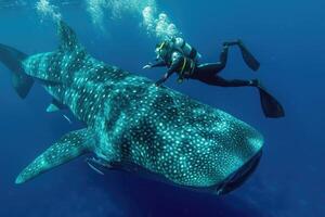 ai gegenereerd scuba duiker zwemmen met een walvis haai in de blauw oceaan foto