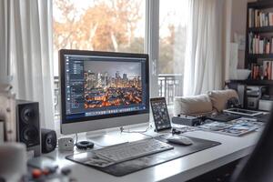 ai gegenereerd een freelancer werkplaats met een computer Bij huis foto