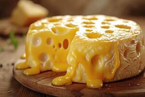 ai gegenereerd heerlijk vers kaas met gaten Aan de keuken bord foto