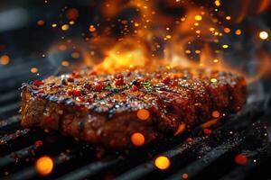 ai gegenereerd rundvlees steaks sissend Aan de rooster in vlammen Aan een zwart achtergrond foto