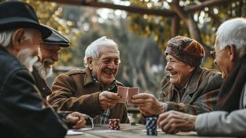 ai gegenereerd gelukkig blij groep van senioren spelen kaarten foto