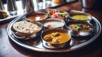 ai gegenereerd verbijsterend heerlijk Indisch thali schotel symfonie van specerijen en smaken, thali genaden cafe tafel foto