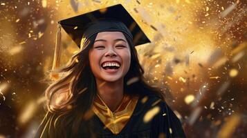 ai gegenereerd gelukkig Aziatisch jong meisje vervelend diploma uitreiking pet en gewaad, glimlachen meisje balken met geluk foto