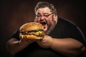 ai gegenereerd een dik Mens aan het eten een snel voedsel hamburger Aan een donker achtergrond. ontbijt voor een te zwaar persoon wie heeft geruïneerd gezond voedsel foto