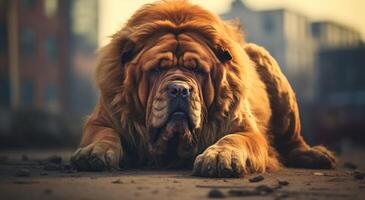 ai gegenereerd heel groot hond zittend Aan de grond, warm kleur paletten, foto