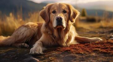 ai gegenereerd portret van een gouden retriever houdende naar beneden Aan de grond foto