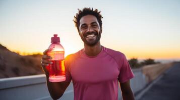 ai gegenereerd glimlachen Mens vervelend roze overhemd Holding een water fles Bij zonsondergang foto