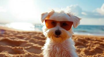 ai gegenereerd klein wit hond Bij strand met zonnebril foto