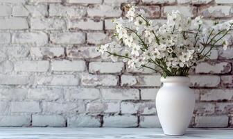 ai gegenereerd een wit vaas gevulde met bloemen Aan een hout tafel tegen een steen muur foto