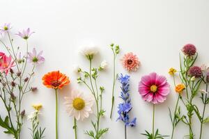 ai gegenereerd een boeket van bloemen verspreide Aan wit papier met bladeren foto