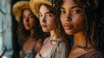 ai gegenereerd groep van mooi verschillend etniciteit Dames. multi etnisch schoonheid en vriendschap. portret van verschillend groep van natuurlijk mooi Dames foto