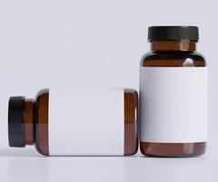 fles pillen supplement fles bespotten omhoog. een fles. blanco label. 3d illustratie. geïsoleerd Aan achtergrond foto