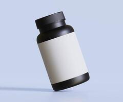 zwart pil fles wit etiket voor mockup verzameling. illustratie 3d weergave, perfect voor medisch, kunstmatig, eiwit, apotheek producten en enz foto
