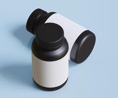 zwart pil fles wit etiket voor mockup verzameling. illustratie 3d weergave, perfect voor medisch, kunstmatig, eiwit, apotheek producten en enz foto