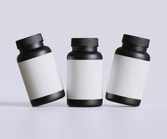 zwart pil fles wit etiket voor mockup verzameling. illustratie 3d weergave, perfect voor medisch, kunstmatig, eiwit, apotheek producten en enz foto