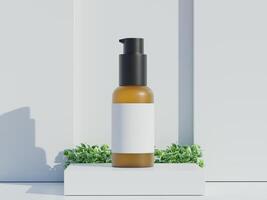 realistisch kunstmatig verpakking, schoonheid Product houder set, plastic fles illustratie blanco. verstuiven fles, room buis en pot mockup verzameling Aan de podium 3d. Doorzichtig spa hygiëne voorwerp foto