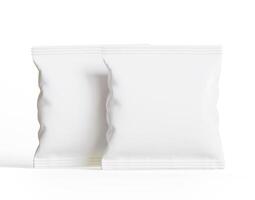 blanco plastic tussendoortje zak model, wit aardappel chips container, 3d renderen geïsoleerd Aan wit achtergrond foto