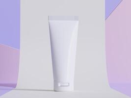 realistisch kunstmatig fles. schoonheid Product houder set, plastic fles illustratie blanco. verstuiven fles, room buis en pot mockup verzameling Aan de podiun 3d. Doorzichtig spa hygiëne voorwerp foto