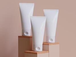 realistisch kunstmatig fles. schoonheid Product houder set, plastic fles illustratie blanco. verstuiven fles, room buis en pot mockup verzameling Aan de podiun 3d. Doorzichtig spa hygiëne voorwerp foto