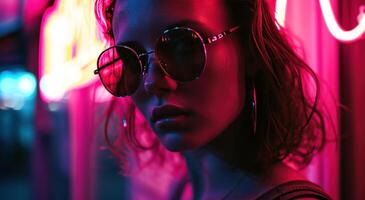 ai gegenereerd vrouw vervelend zonnebril en roze neon lichten foto