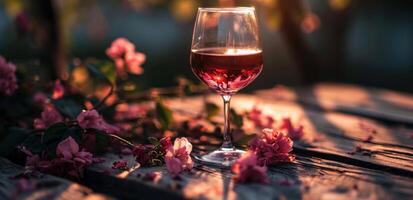 ai gegenereerd een glas van wijn in voorkant van een bloem vaas foto