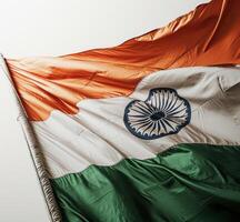 ai gegenereerd de wind fladdert een Indisch vlag in voorkant van een wit achtergrond foto