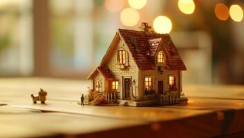 ai gegenereerd een huis miniatuur is Aan een houten tafel foto