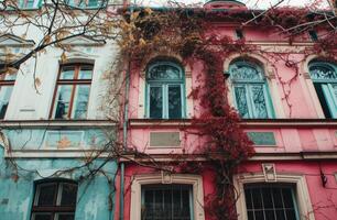 ai gegenereerd een kleurrijk huis met een oud gebouw in de achtergrond foto