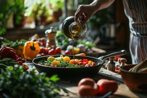 ai gegenereerd een persoon gieten olie in een koekepan met groenten en fruit foto