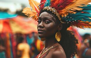 ai gegenereerd een vrouw met kleurrijk veren en Bij een carnaval foto