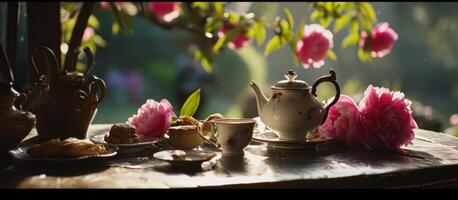 ai gegenereerd een thee pot en cups zitten Aan een tafel in de buurt roze pioenen en gebakjes foto