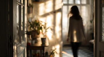 ai gegenereerd een vrouw wazig uit van de afbeelding, wandelingen naar beneden de gang foto