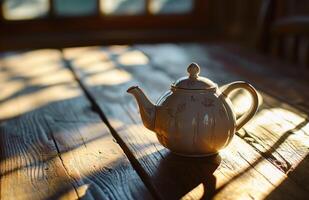 ai gegenereerd een wit theepot met een schooltas van thee Aan een houten tafel foto