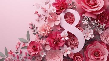 ai gegenereerd aantal 8 in een roze bloemen ontwerp. premie papier besnoeiing banier met bloemen en kopieerruimte, naar vieren Internationale vrouw dag foto