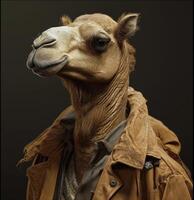 ai gegenereerd een advertentie voor een kameel met een bruinen jas en bruinen jasje foto