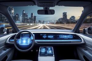 ai gegenereerd modern slim auto technologie intelligent systeem gebruik makend van hoofden omhoog Scherm hud autonoom zelf het rijden mode voertuig Aan stad weg met grafisch sensor radar signaal systeem intelligent auto. foto