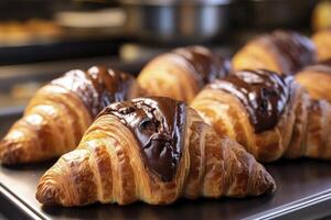 ai gegenereerd chocola croissants in bakkerij. ai gegenereerd. foto