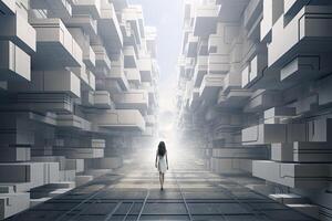 ai gegenereerd vrouw wandelen in futuristische brutalist stad straat. ai gegenereerd. foto