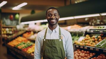 ai gegenereerd kruidenier op te slaan arbeider glimlachen in voorkant van produceren sectie - ai gegenereerd foto