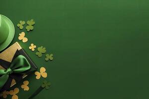 ai gegenereerd st Patrick dag concept. elf van Ierse folklore hoofddeksels geschenk dozen pot met goud munten. ai gegenereerd foto