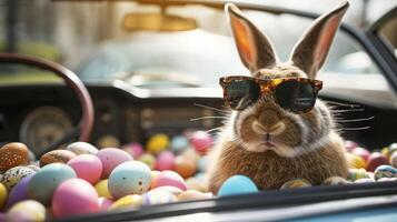 ai gegenereerd schattig Pasen konijn met zonnebril op zoek uit van een auto gearchiveerd met Pasen eieren foto