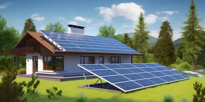 ai gegenereerd fotovoltaïsche zonne- panelen. duurzame energie. een mini macht fabriek voor een huis. generatief ai foto