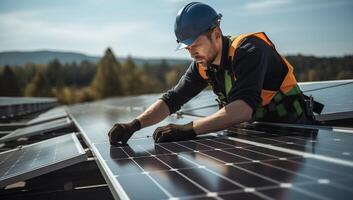 ai gegenereerd Mens arbeider reparaties zonne- panelen Aan een metaal basis. generatief ai. foto