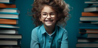 ai gegenereerd gelukkig schattig weinig meisje Aan een blauw achtergrond met boeken. generatief ai. foto