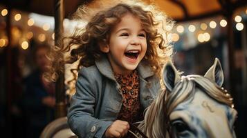 ai gegenereerd een gelukkig meisje kind uitdrukken opwinding terwijl rijden Aan een carrousel Bij een amusement park. generatief ai. foto