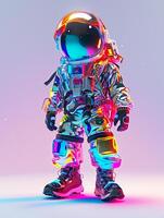 ai gegenereerd een astronaut in een kleurrijk pak staand Aan een wit achtergrond foto