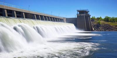 ai gegenereerd hydro-elektrisch dam genereren groen energie van vloeiende water. ai gegenereerd. foto