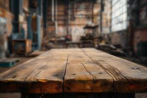 ai gegenereerd leeg houten tafel met wazig verlaten fabriek achtergrond foto