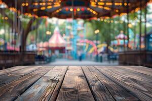 ai gegenereerd leeg houten tafelblad met amusement park vervagen achtergrond foto