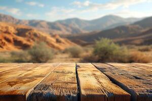 ai gegenereerd houten plank verdieping en wazig woestijn berg backdrop foto